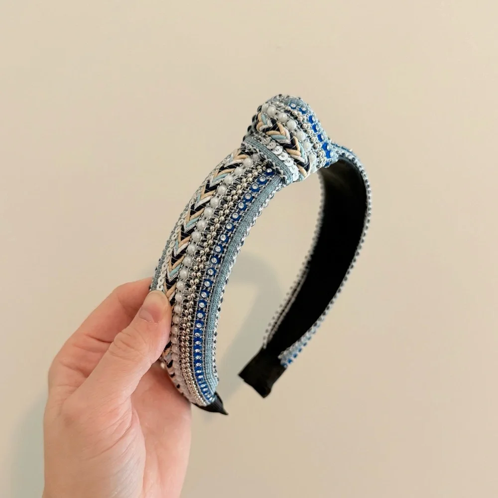NEW Blue Sequined Beaded Top Knot Headband